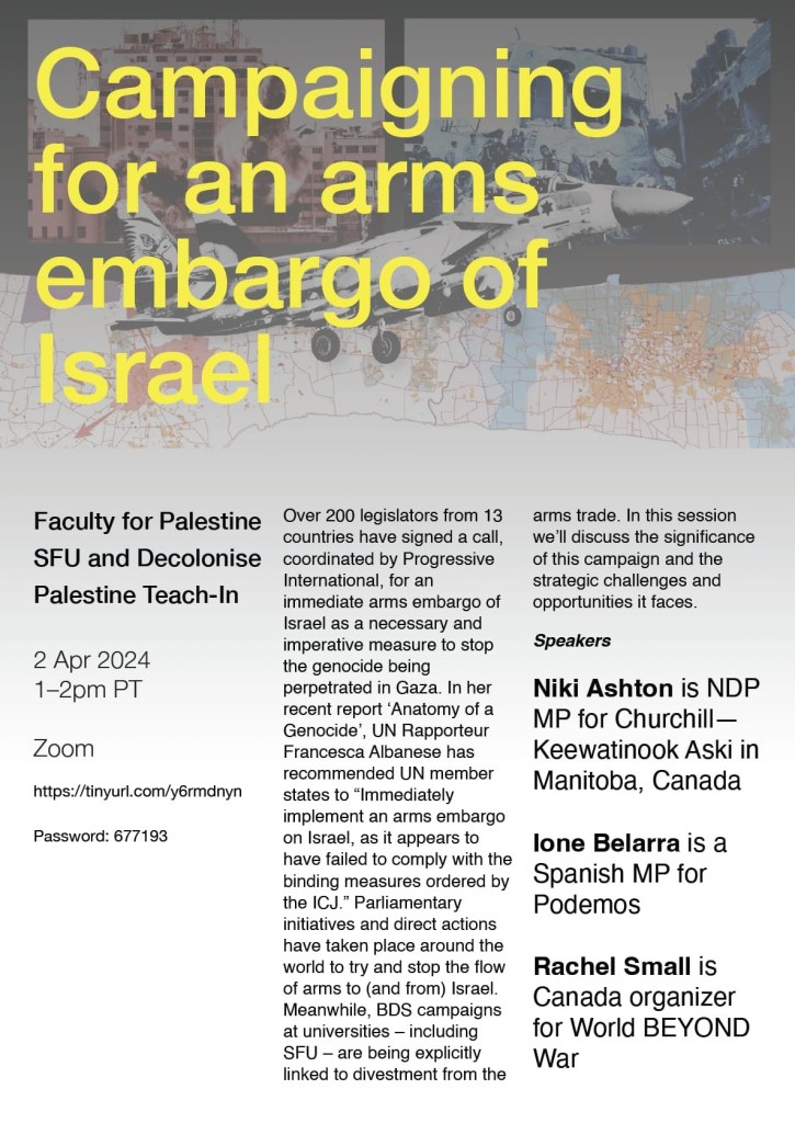 Event poster listing themes and speakers for the "Campaigning for an arms embargo of Israel"
